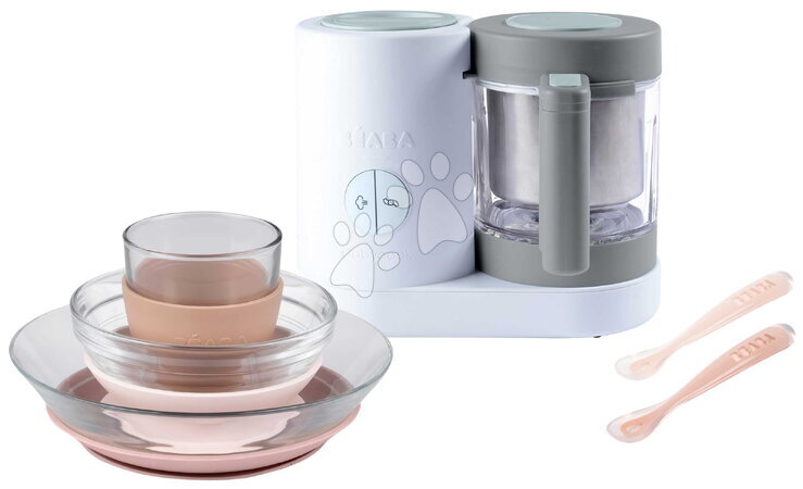 Beaba - Set aparat de gătit cu abur și blender Babycook® Neo Grey White cu set de masă și lingurițe Beaba