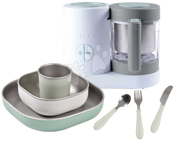 Beaba - Set aparat de gătiti pe aburi și blender Babycook® Neo Grey White cu set de masă și tacâmuri Beaba