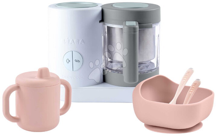 Beaba - Set aparat de gătit pe aburi și blender Babycook® Neo Gri Alb Beaba cu set de masă, cană și lingurițe