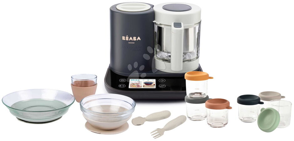 Artículos para bebés - Set de robot de cocina al vapor y batidora Babycook Smart® Charcoal Grey con vajilla infantil cubiertos y tarros de almacenam
