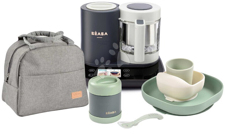 Artículos para bebés - Set de robot de cocina al vapor y batidora Babycook Smart® Charcoal Grey con vajilla infantil termo y bolsa isotérmica Beaba