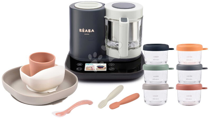 Artículos para bebés - Set de robot de cocina al vapor y batidora Babycook Smart® Charcoal Grey con vajilla infantil cucharas y tarros de almacenami
