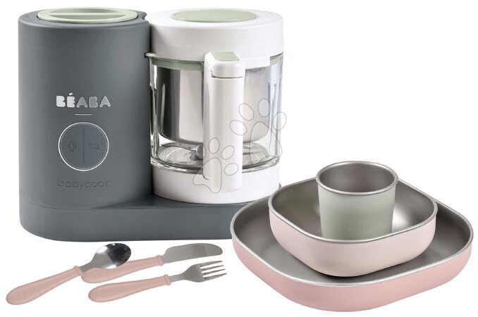 Beaba - Set aparat de gătit pe aburi și blender Babycook® Neo gri Mineral cu set de masă și tacâmuri Beaba