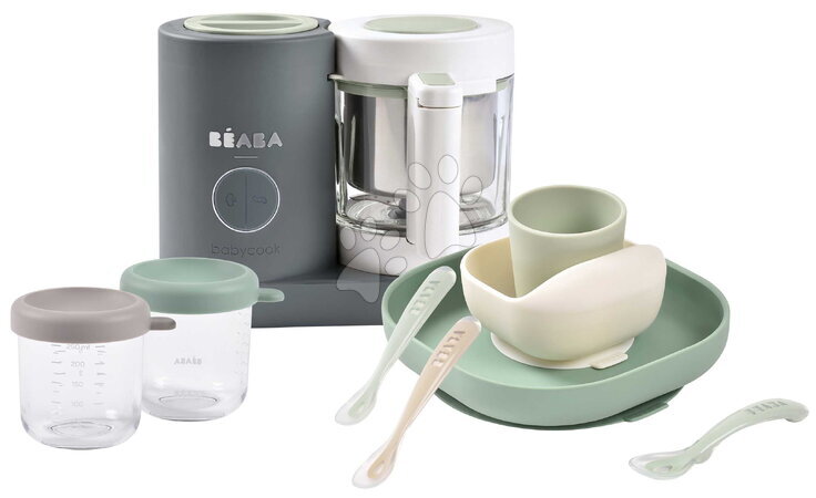 Beaba - Set aparat de gătiti pe aburi și blender Babycook® Neo Mineral Grey Beaba cu set de masă, lingurițe și recipiente Beaba