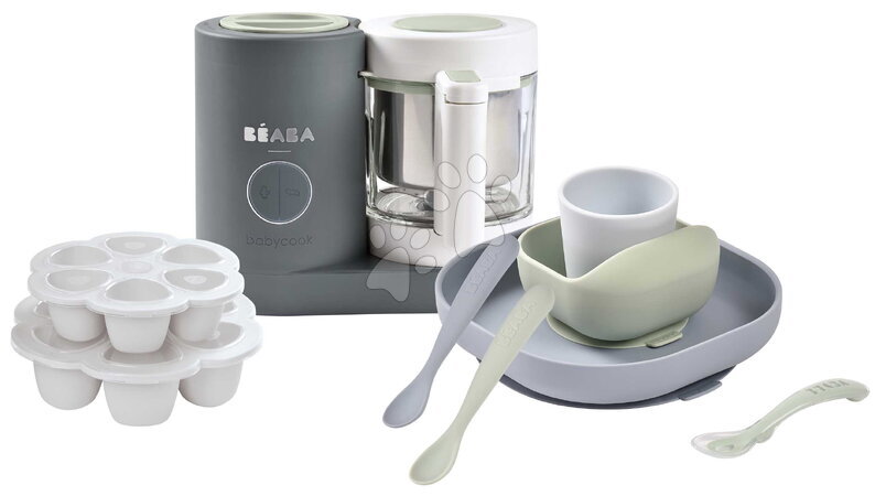 Beaba - Set aparat de gătit pe aburi și blender Babycook® Neo Mineral Grey cu set de masă, lingurițe și dozator Beaba