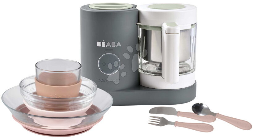 Beaba - Set aparat de gătit pe aburi și blender Babycook® Neo Mineral Grey cu set de masă și tacâmuri Beaba
