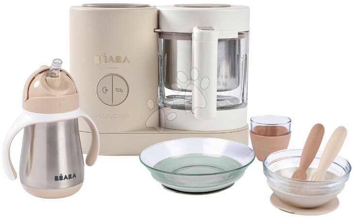Beaba - Set aparat de gătit pe aburi și blender Babycook® Neo Clay cu set de masă, lingurițe și biberon Beaba