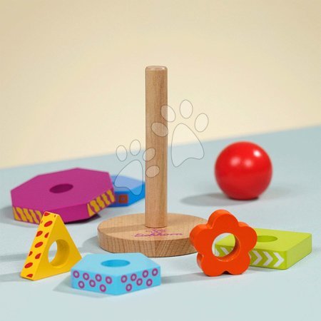 Drevené didaktické hračky - Drevená skladacia veža Color Stacking Tower Eichhorn 6 farebných tvarov s loptou výška 12 cm od 12 mes_1