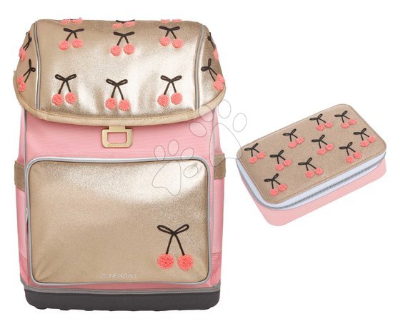 Rosa Spielhaus für Kinder - Set Schulrucksack Ergomaxx Cherry Pompon und Federmäppchen mit Schreibutensilien von Jeune Premier