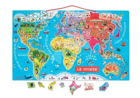 Magnetky pro děti - Magnetická mapa světa Magnetic World Puzzle French Version Janod - 1