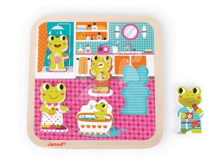 Hračky pre najmenších - Drevené puzzle pre najmenších Žabky v kúpeľni Janod