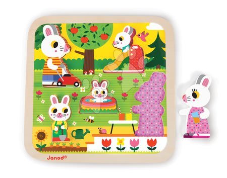 Hračky pre najmenších - Drevené puzzle pre najmenších Zajace na záhrade Chunky Janod