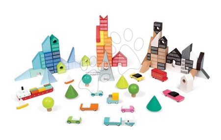 Dřevěné hračky Janod - Dřevěné kostky na podložce Město Kubix Janod různé kostky v různých tvarech od 3 let_1