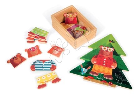 Puzzle pro nejmenší - Dřevěné puzzle Medvěd v pyžamu Zigolos Janod 18 dílků od 24 měsíců