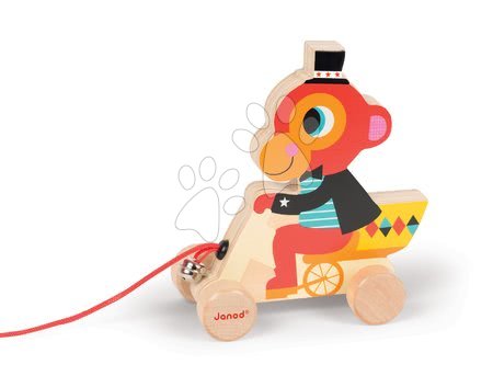 Ťahacie hračky - Drevená opička Janod zvieratko z cirkusu na ťahanie so zvončekom od 12 mes