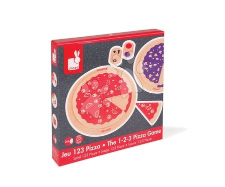 Janod - Dřevěná společenská hra Pizza 123 Janod se 4 pizzami v angličtině od 3 let
