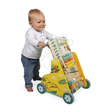  Készségfejlesztő fajátékok - Fa többfunkciós járássegítő Multi-activity Trolley Tropik Janod - 3