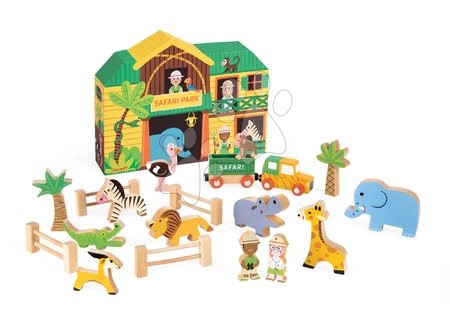 Autíčka - Dřevěná stavebnice Safari Story Set Box Janod se zvířátky 19 dílů