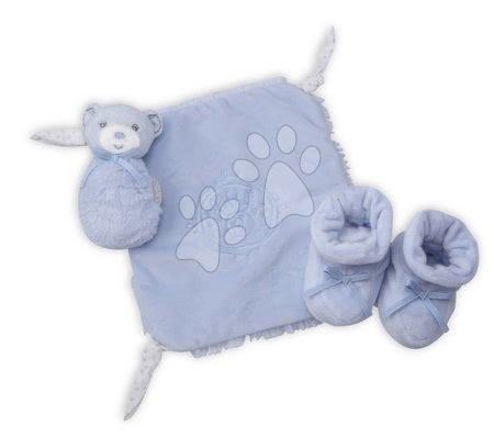 Dojčenské súpravy - Plyšový medvedík pre najmenších Perle-Gift Set Kaloo s hrkálkou a topánkami modrý od 0 mesiacov
