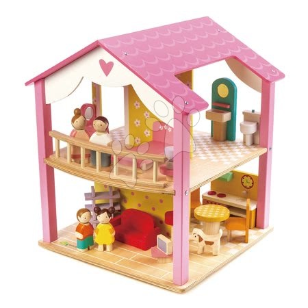 Dřevěné hračky Tender Leaf Toys - Dřevěný domeček pro panenku Pink Leaf House Tender Leaf Toys 22 dílů rotující s komplet vybavením a 4 postavičkami