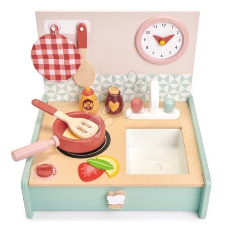 Drevené kuchynky - Drevená kuchynka v šuflíku Kitchenette Tender Leaf Toys s hodinami panvicou a potravinami