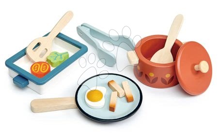 Dětské kuchyňky Tender Leaf Toys - Dřevěné nádobí s pánví Pots and Pans Tender Leaf Toys s vařečkou a potravinami