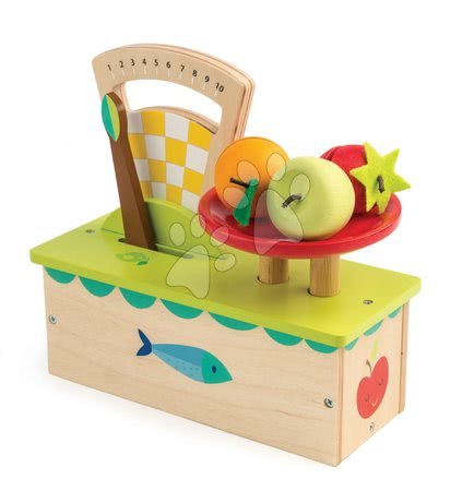 Hry na profese Tender Leaf Toys - Dřevěná váha Weighing Scales Tender Leaf Toys 4dílná souprava s ovocem