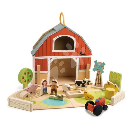 Fa babaházak  - Fa tanya traktorral Little Barn Tender Leaf Toys