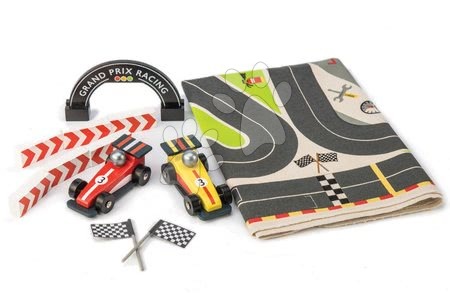 Dřevěná auta  - Dřevěná závodní auta Formula One Racing Playmat Tender Leaf Toys na plátěné dráze a s doplňky_1