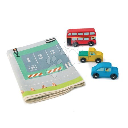 Dřevěná auta  - Dřevěná městská auta Town Playmat Tender Leaf Toys na plátěné mapě a s doplňky