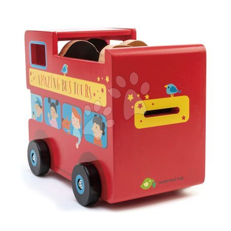 Dřevěná auta  - Dřevěný patrový autobus London Bus Money Box Tender Leaf Toys pokladnička se 4 figurkami