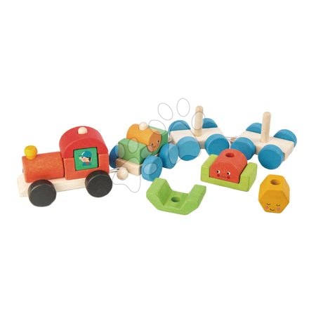 Hračky pro nejmenší Tender Leaf Toys - Dřevěný skládací vláček Happy Train Tender Leaf Toys 14dílná souprava s 3 vagony a geometrickými tvary od 18 měsíců_1