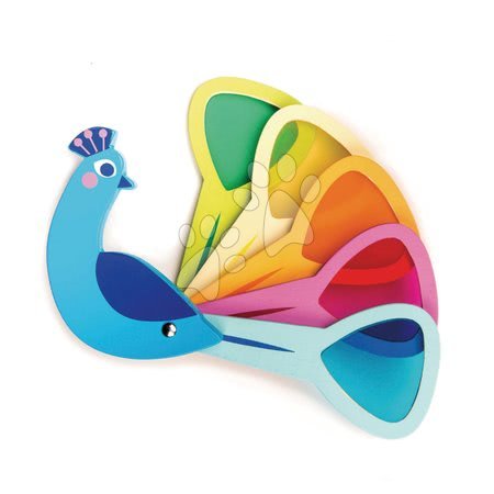 Hračky pro miminka Tender Leaf Toys - Dřevěný ptáček Peacock Colours Tender Leaf Toys s barevným peřím v ocase od 18 měsíců