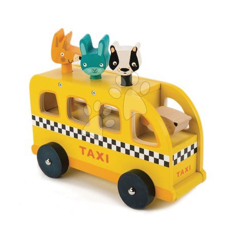 Drevené autá - Drevené žlté auto Animal Taxi Tender Leaf Toys
