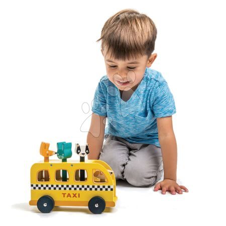 Hračky pro miminka Tender Leaf Toys - Dřevěné žluté auto Animal Taxi Tender Leaf Toys 3 zvířátka se zvuky od 18 měsíců_1