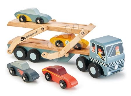 Dřevěná auta  - Dřevěný kamión Car Transporter Tender Leaf Toys s pohyblivou plošinou a 4 autíčky