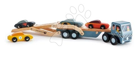 Dřevěná auta  - Dřevěný kamión Car Transporter Tender Leaf Toys s pohyblivou plošinou a 4 autíčky_1