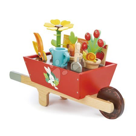 Lesene igrače za igre poklicev - Lesena samokolnica z vrtnim orodjem Garden Wheelbarrow Tender Leaf Toys