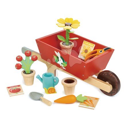 Lesene igrače za igre poklicev - Lesena samokolnica z vrtnim orodjem Garden Wheelbarrow Tender Leaf Toys_1