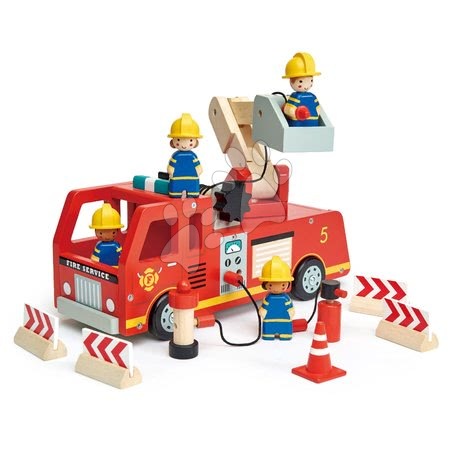 Dřevěná auta  - Dřevěné hasičské auto Fire Engine Tender Leaf Toys s funkční plošinou a 4 hasiči s doplňky