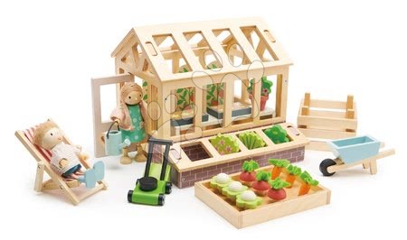 Dřevěné hračky Tender Leaf Toys - Dřevěný skleník Greenhouse and Garden Set Tender Leaf Toys s otevírací střechou a 9 druhů zeleniny pro panenku