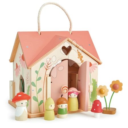 Dřevěné hračky Tender Leaf Toys - Dřevěný lesní domeček Rosewood Cottage Tender Leaf Toys s houpačkou zahrádkou a 4 postavičkami