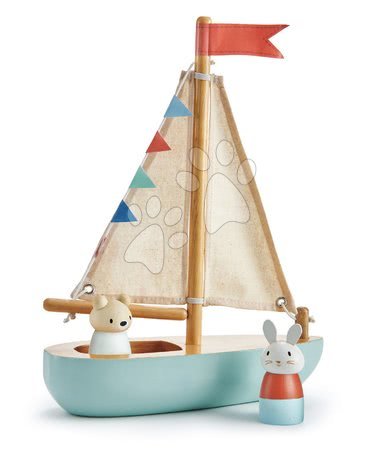 Tender Leaf Toys - Dřevěná plachetnice Sailaway Boat Tender Leaf Toys se dvěma plachtami a zajíček s medvídkem