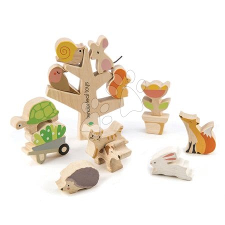 Hračky pro miminka Tender Leaf Toys - Dřevěná zvířátka lezoucí po stromě Stacking Garden Friends Tender Leaf Toys v plátěném sáčku od 18 měsíců