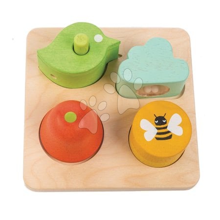 Hračky pro miminka Tender Leaf Toys - Dřevěné tvary se zvukem Audio Sensory Tray Tender Leaf Toys 4 druhy na podložce od 18 měsíců