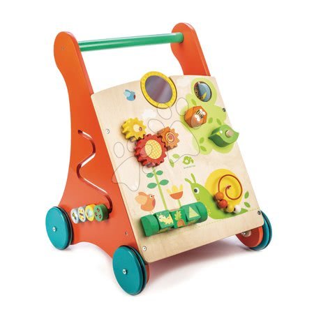 Dřevěné didaktické hračky - Dřevěné chodítko zahrada Baby Activity Walker Tender Leaf Toys s různými funkcemi a kostkami od 18 měsíců