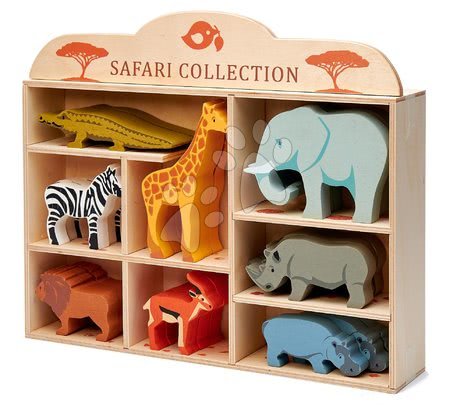 Drevené didaktické hračky - Drevené divoké zvieratká na poličke 24 ks Safari set Tender Leaf Toys krokodíl slon zebra antilopa žirafa nosorožec hroch lev