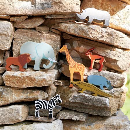 Dřevěné didaktické hračky - Dřevěná divoká zvířátka na poličce 8 ks Safari set Tender Leaf Toys_1