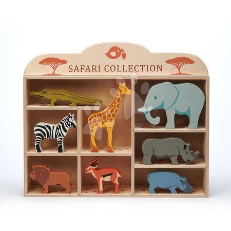 Dřevěné hračky - Dřevěná divoká zvířátka na poličce 8 ks Safari set Tender Leaf Toys