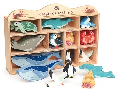 Drevené didaktické hračky - Drevené morské zvieratá na poličke 30 ks Coastal set Tender Leaf Toys 